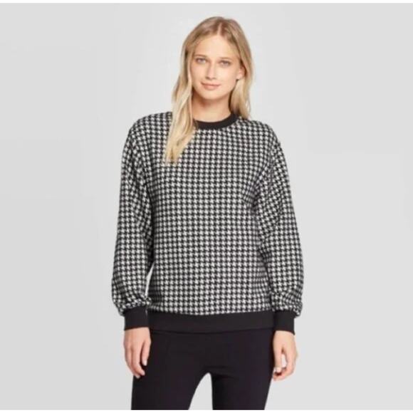 WHO WHAT WEAR Houndstooth Sweater Black White Women's M Crewneck Pullover B&W - Picture 1 of 9